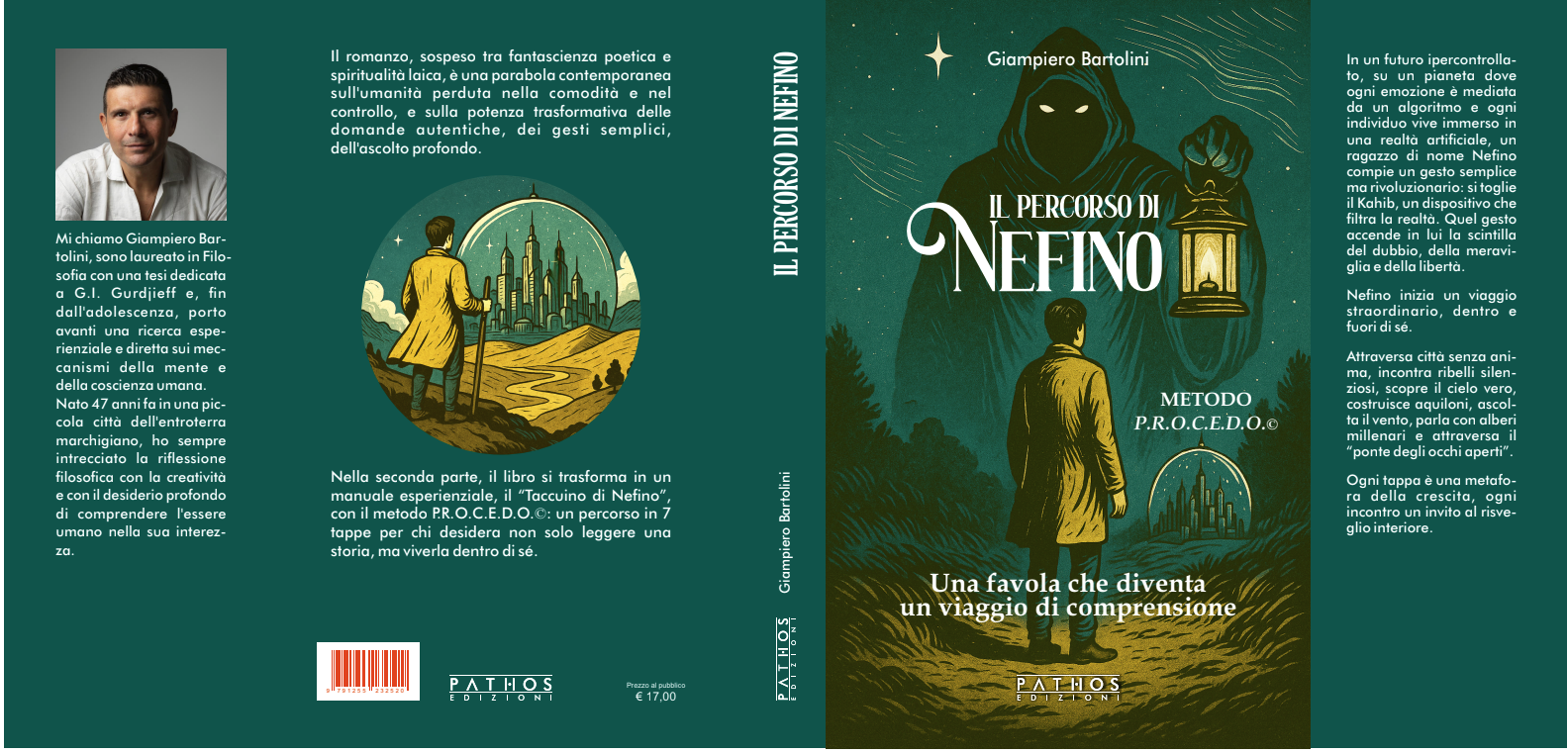 Il romanzo, sospeso tra fantascienza poetica e spiritualità laica, è una parabola contemporanea sull’umanità perduta nella comodità e nel controllo, e sulla potenza trasformativa delle domande autentiche, dei gesti semplici, dell’ascolto profondo. Nella seconda parte, il libro si trasforma in un manuale esperienziale, il “Taccuino di Nefino”, con il metodo P.R.O.C.E.D.O.©: un percorso in 7 tappe per chi desidera non solo leggere una storia, ma viverla dentro di sé.